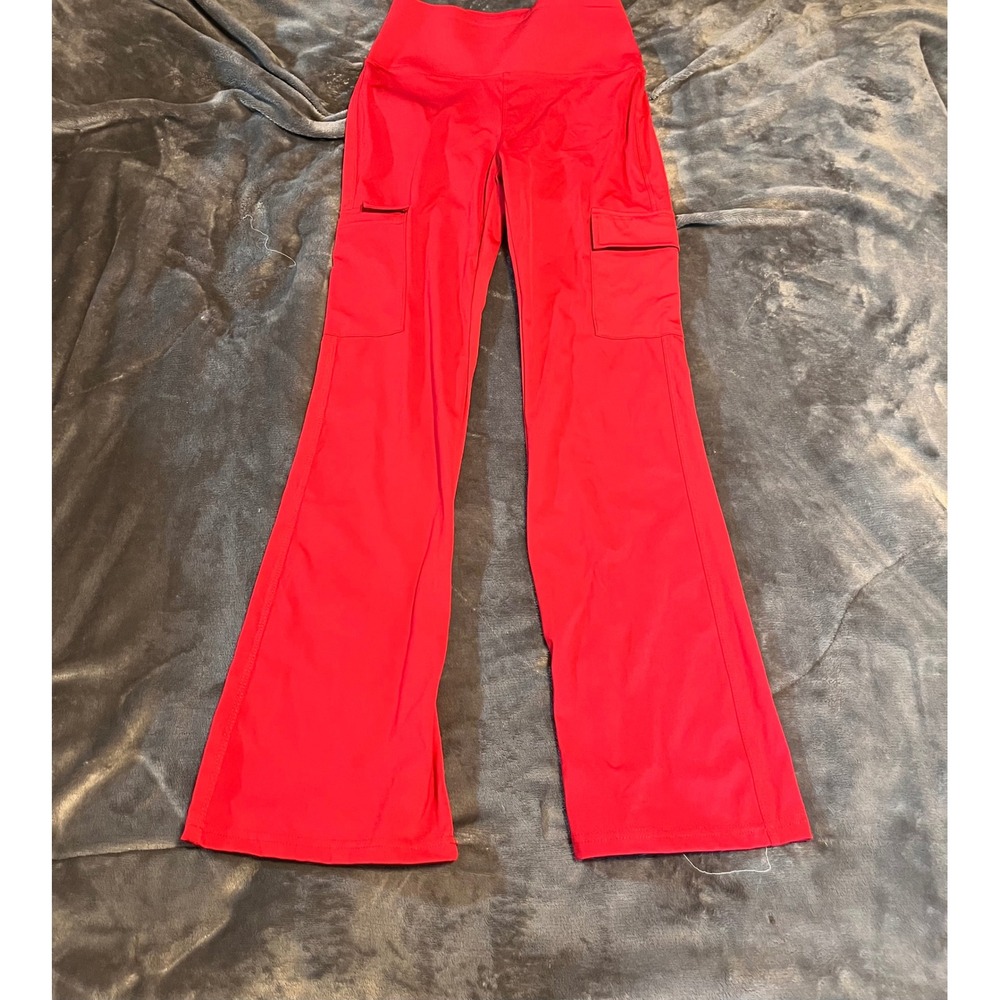 On Chic Womens Red High Waisted Cargo Flare Leggings Yoga Pants Size M